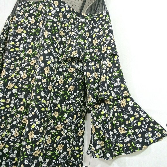 Nicole Miller Studio Dress Women Size 10 Black Floral Tiered Ruffle Sleeve - Picture 2 of 9